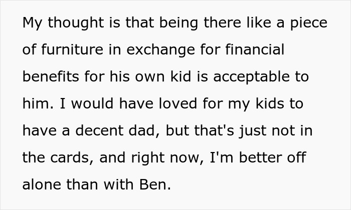 Text about a woman leaving her boyfriend, referencing financial benefits for his child.
