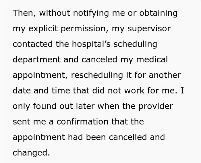 Text excerpt about a supervisor canceling a medical appointment without consent and rescheduling it.