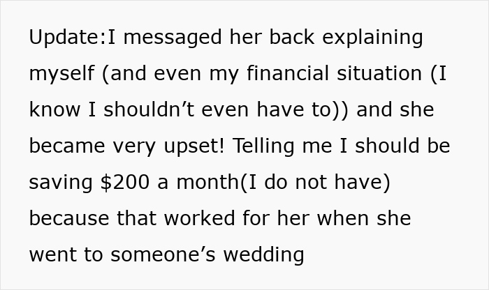 Text conversation showing a woman explaining her financial situation about choosing an affordable getaway over an expensive wedding.