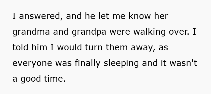 Text message about turning away in-laws during babies' nap, emphasizing respect and timing issues. Text message about turning away in-laws during babies' nap, emphasizing respect and timing issues.