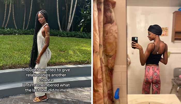 Two people sharing single vs. relationship looks; one outside in a white dress, the other in a bathroom with patterned pants.