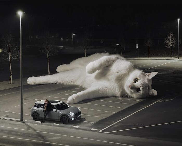 Giant cat photoshopped into a parking lot with a person leaning on a small car at night.