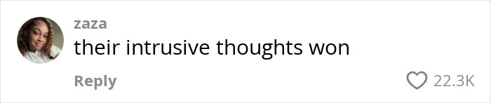 Comment on a viral video post stating, "their intrusive thoughts won," with 22.3K likes.