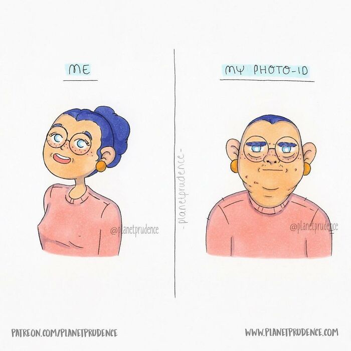 Comic split image: Person on the left smiling vs. their unflattering photo-ID on the right, capturing everyday life humor.