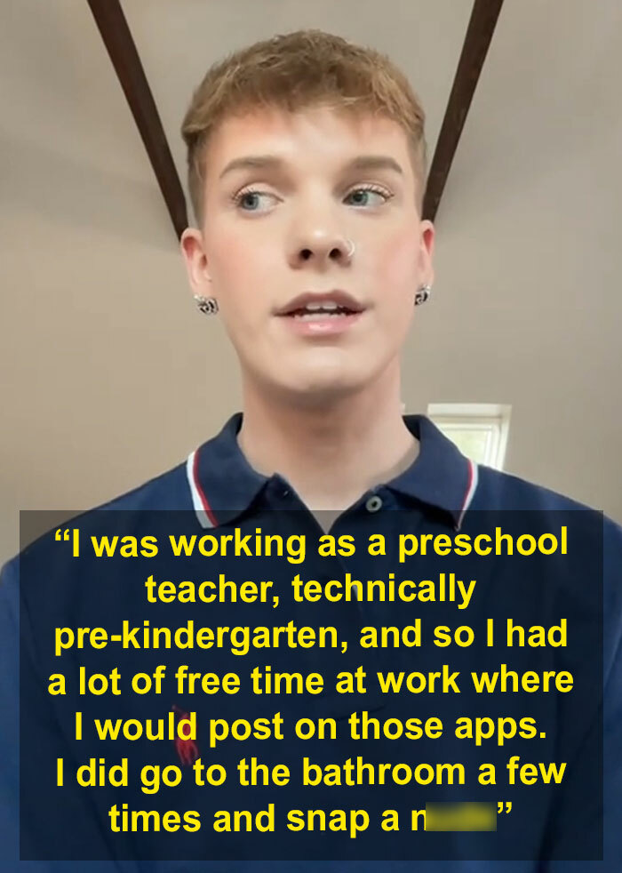 Young teacher responds to backlash in a video, wearing a navy polo shirt.