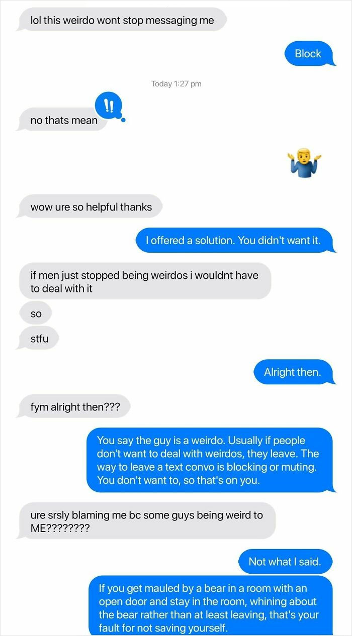 Text conversation about dealing with unwanted messages, discussing reality checks and personal responsibility.