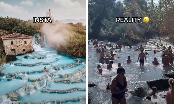 Insta vs. Reality: Pristine turquoise pools versus crowded natural springs with many swimmers.