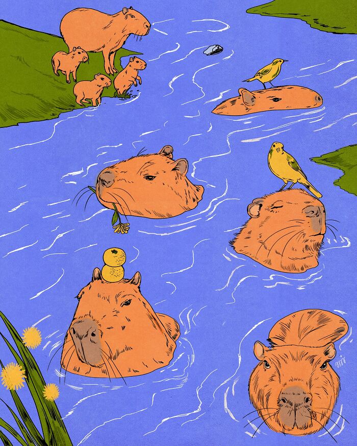 Vibrant illustration by María Jesús Contreras showing capybaras and birds in a river setting.