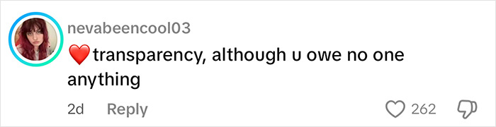 Comment supporting transparency in Sami Sheen's cosmetic surgery post, showing a red heart emoji and 262 likes.