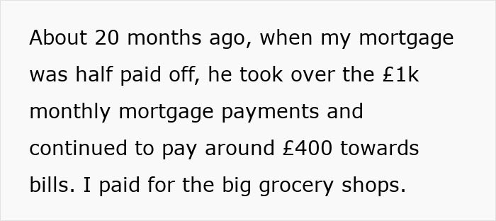 Text highlighting financial disagreements during a relationship, mentioning mortgage payments and grocery expenses.