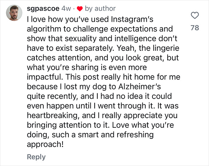 Instagram comment praising a neuroscientist's viral educational content in lingerie for challenging norms. Instagram comment praising a neuroscientist's viral educational content in lingerie for challenging norms.
