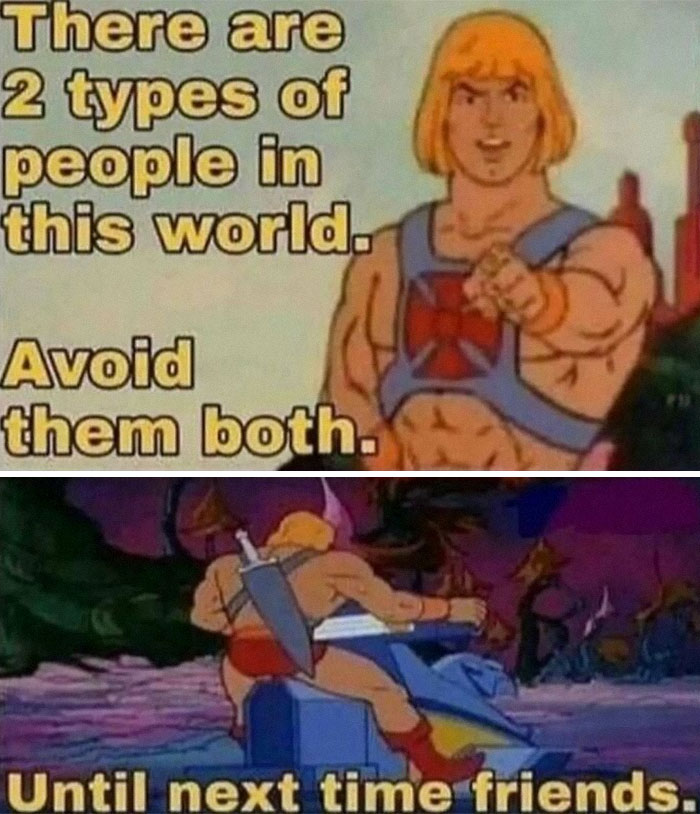 Philosophy meme featuring a muscular cartoon character with humorous text about types of people.