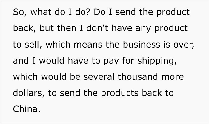 Text describing a US small business owner's dilemma about tariffs affecting product returns to China.