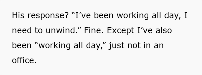 Text discussing a husband's lack of help with toddlers, mentioning his need to unwind after work.