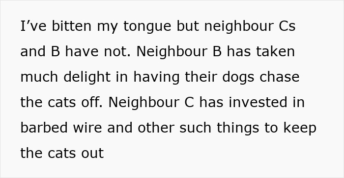 Text about neighbor disputes over dogs and cats using yards.