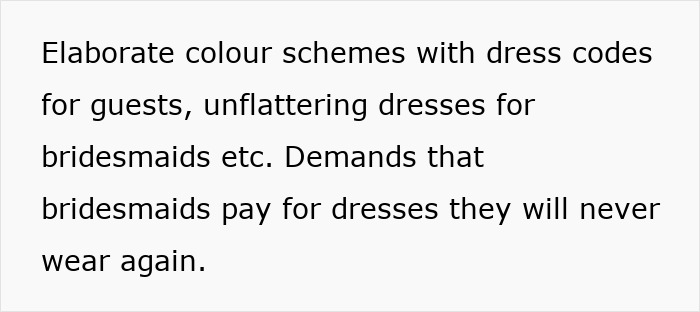 Text criticizing new generations for elaborate wedding dress codes and bridesmaids paying for dresses they won't reuse.