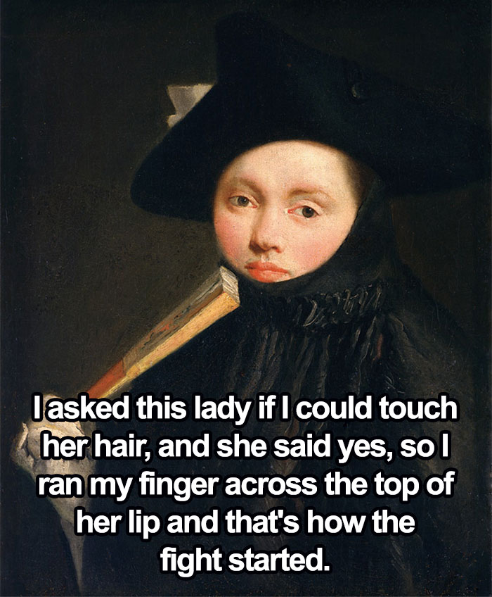 Classical painting with a humorous meme about a misunderstanding, featuring a person in dark attire and hat.