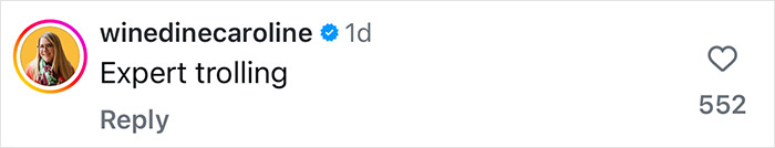 Instagram comment by user "winedinecaroline" saying "Expert trolling" with 552 likes.