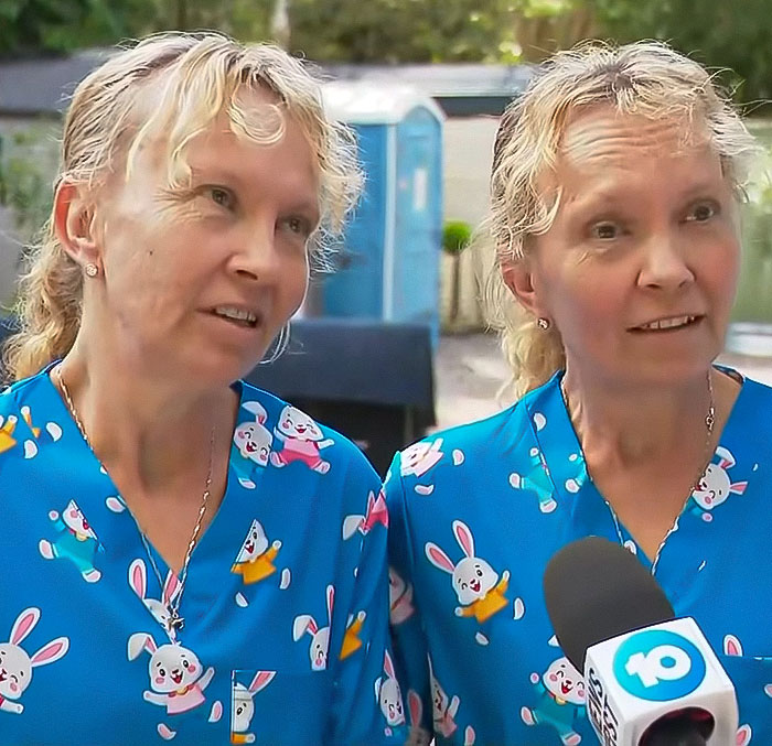 Twins in matching blue outfits recount carjacking in unison, facing backlash. Twins in matching blue outfits recount carjacking in unison, facing backlash.