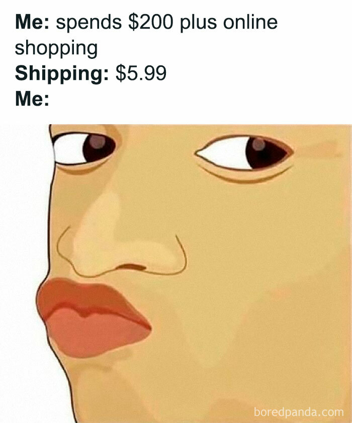 Drawing of a skeptical face reacting to unexpected shipping costs in a funny meme.