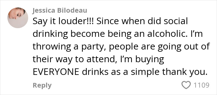 Jessica Bilodeau comments on dry weddings, referencing social drinking and expressing disagreement. Jessica Bilodeau comments on dry weddings, referencing social drinking and expressing disagreement.