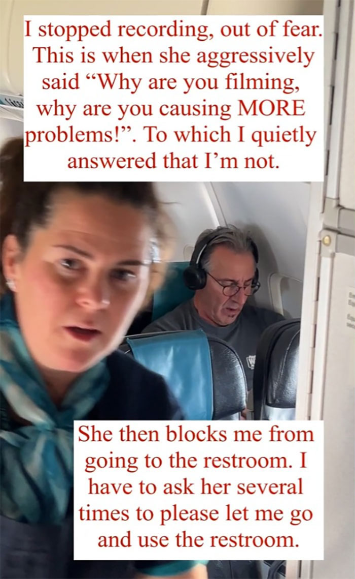 Flight attendant reacts aggressively to passenger filming onboard. Flight attendant reacts aggressively to passenger filming onboard.