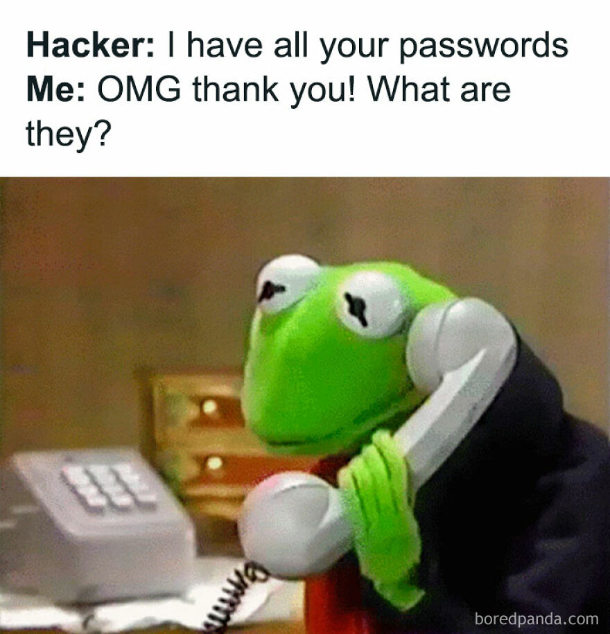 Green puppet on phone in a hilarious meme about passwords, capturing relatable internet humor.