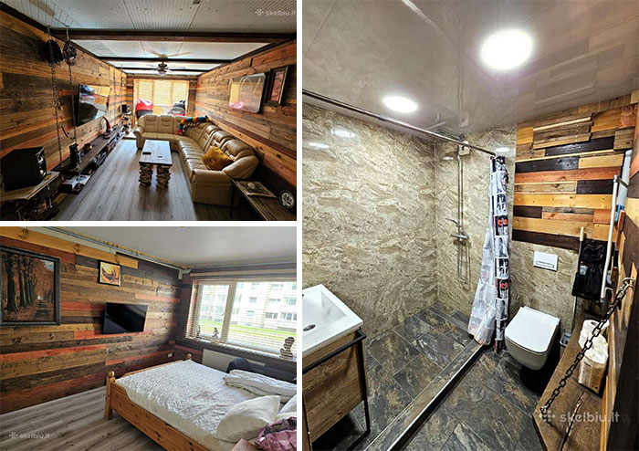 Rustic real estate property interior featuring wood-paneled living room, bedroom with large window, and a modern stone-tiled bathroom.