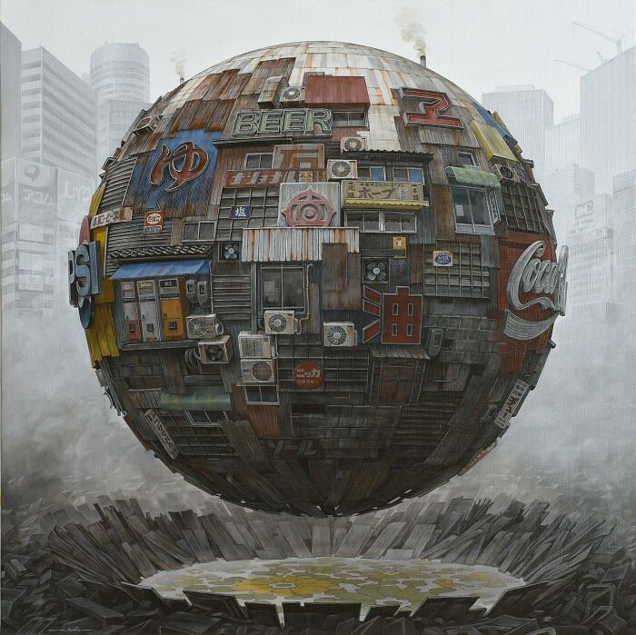 Surreal floating sphere made of post-apocalyptic urban city elements with rusted signs and buildings in a foggy landscape.