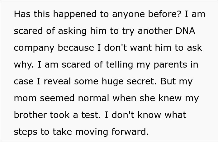 Text about family's DNA test results causing fear and uncertainty for a woman.