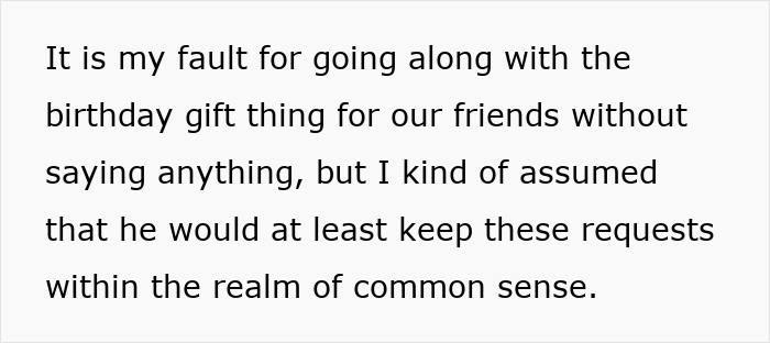 Text discussing birthday gift decisions and assumptions within common sense.