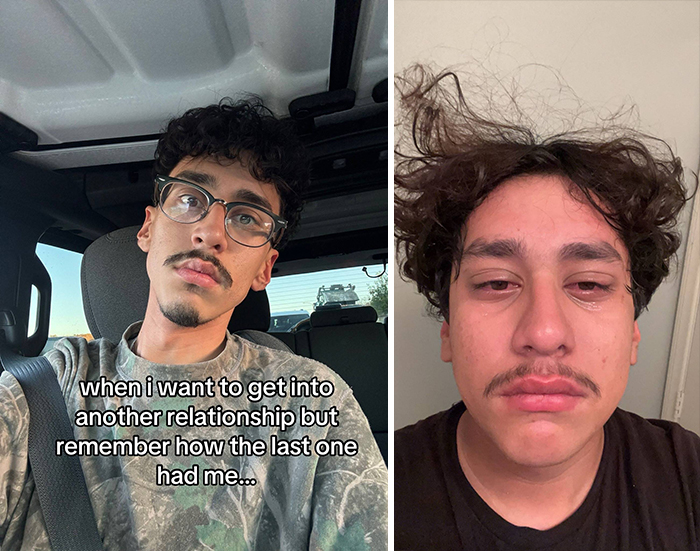 Man in a car, looking calm; next to him looking distressed, highlighting single versus relationship appearance.