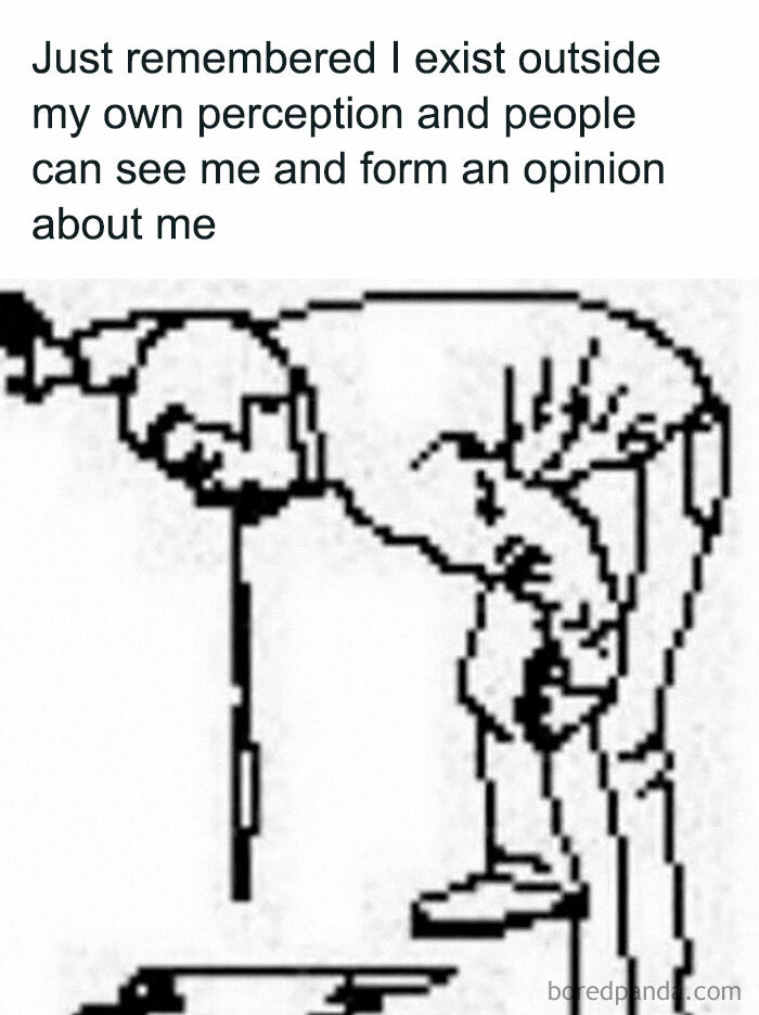 Pixelated drawing illustrating a humorous existential thought about perception, typical in crunchy philosophy memes.