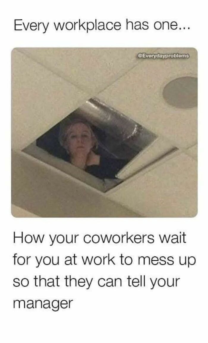 Woman peeking through ceiling tile, illustrating funny memes about coworkers waiting to report mistakes at work.