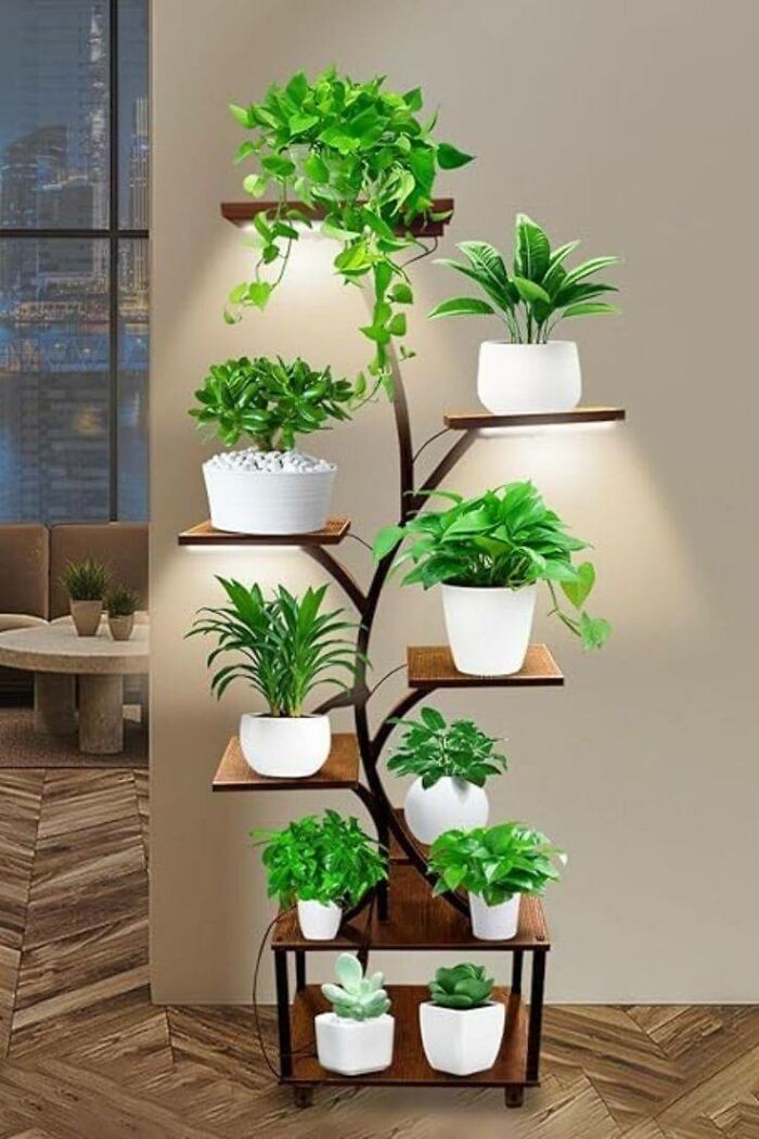 Indoor plant stand with multiple wooden shelves holding various green potted plants in a modern living space.