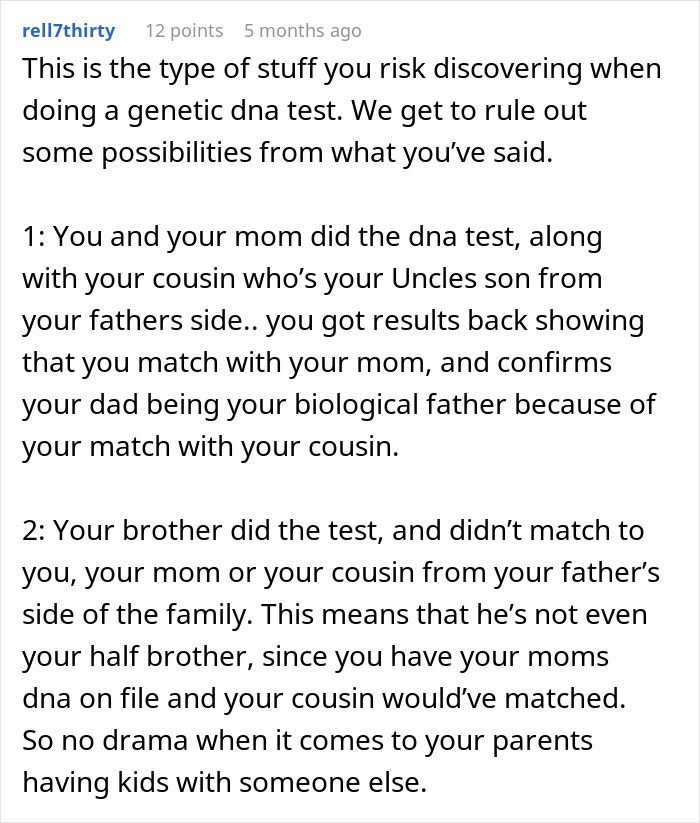 Text screenshot explaining genetic DNA test possibilities and family surprises.
