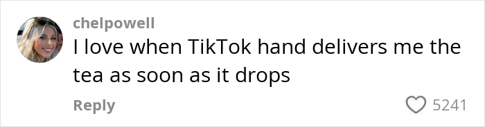 TikTok comment about cheating drama, expressing love for receiving trending news quickly.