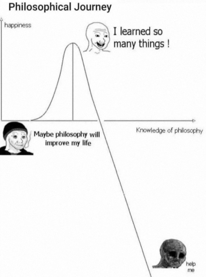 Philosophy meme humorously illustrating a journey of happiness decreasing as knowledge of philosophy increases.