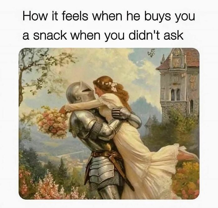 Romantic medieval knight lifting a woman in a white dress, combining modern humor with classical art in a meme format.