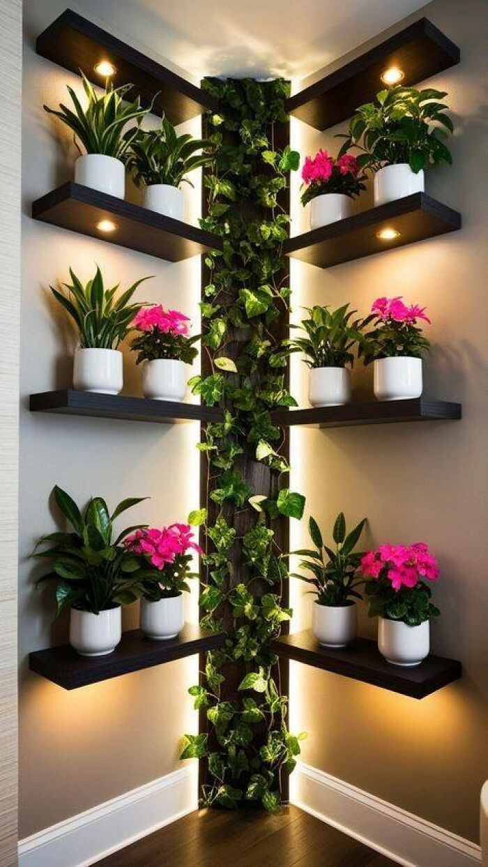 Estanterías de madera en esquina con plantas en macetas blancas y luces LED integradas en diseño interior moderno.