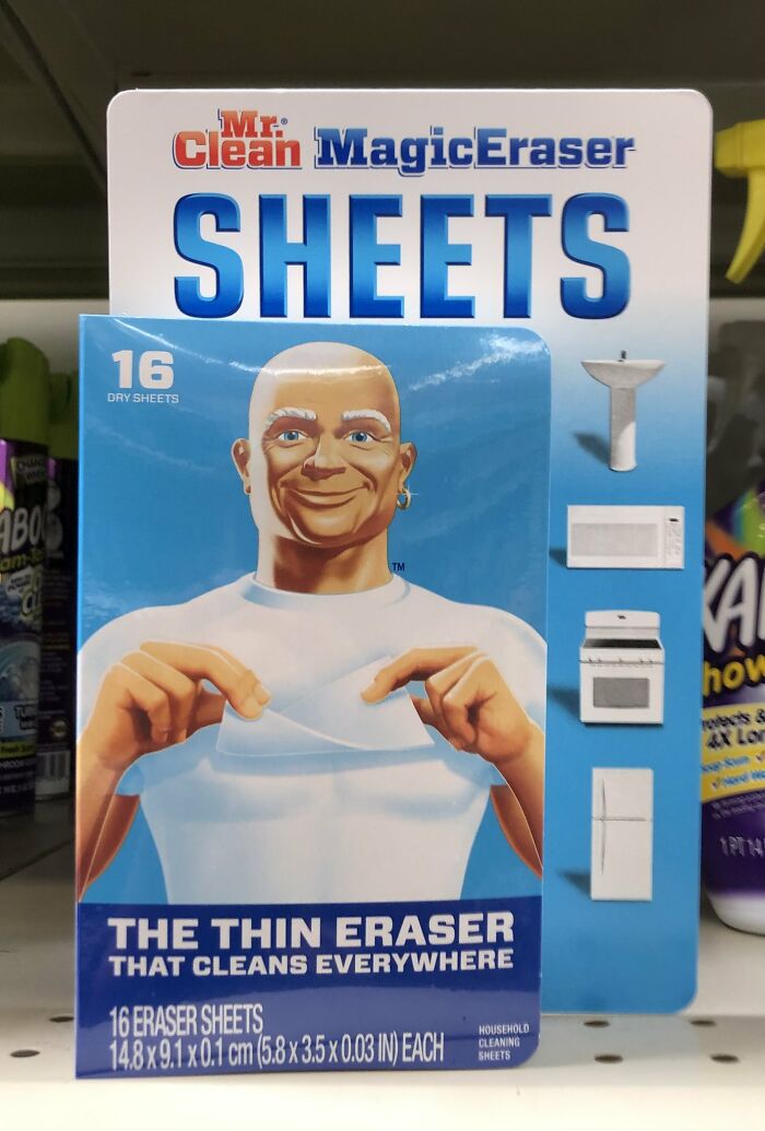 Mr. Clean Magic Eraser Sheets package on store shelf, highlighting thin eraser cleaning solution.