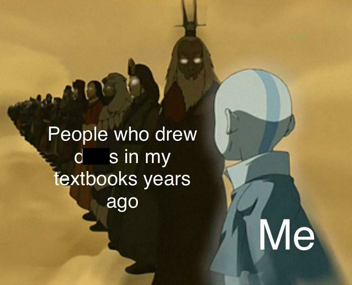 Animated character stands facing a line of figures, text reads "People who drew in my textbooks years ago" and "Me." Funny memes theme.