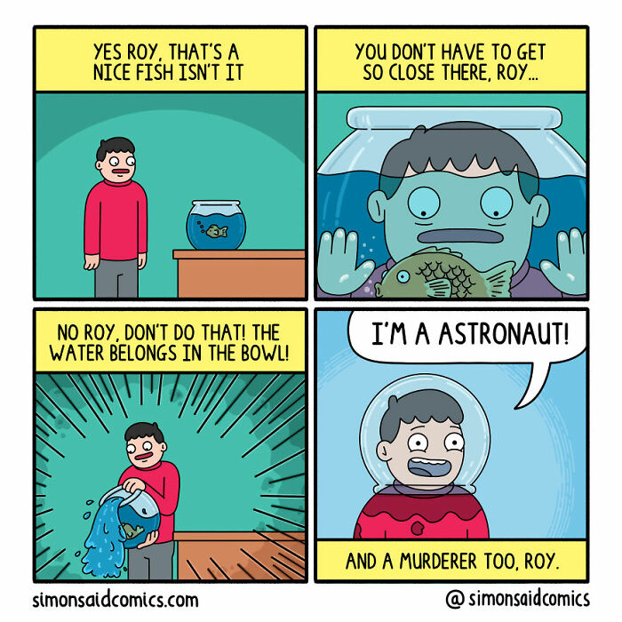 Comic strip with a dark twist featuring a man named Roy and a fishbowl, part of funniest comics with dark twists.