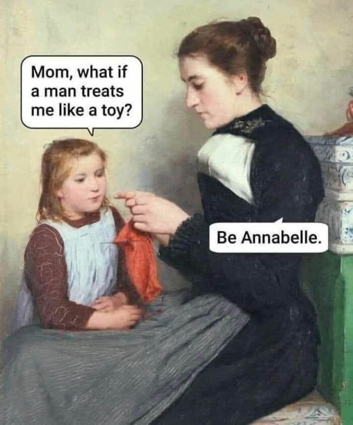 Classic painting of a mother and daughter with funny meme text, perfect for funny memes to help insulate from noise.
