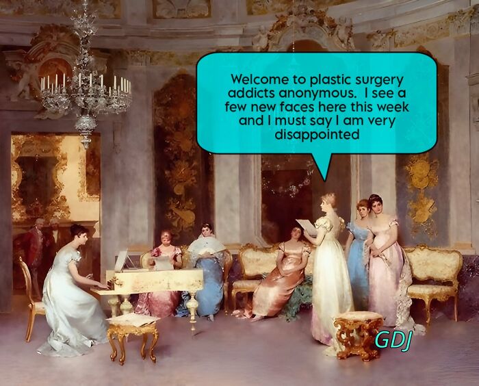 Classical artwork humorously updated with modern memes, combining old paintings and contemporary wit in a playful scene.