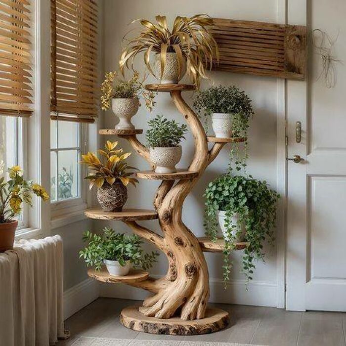 Estantería de madera artesanal con plantas, destacando la creatividad y habilidades con la madera en diseño interior.