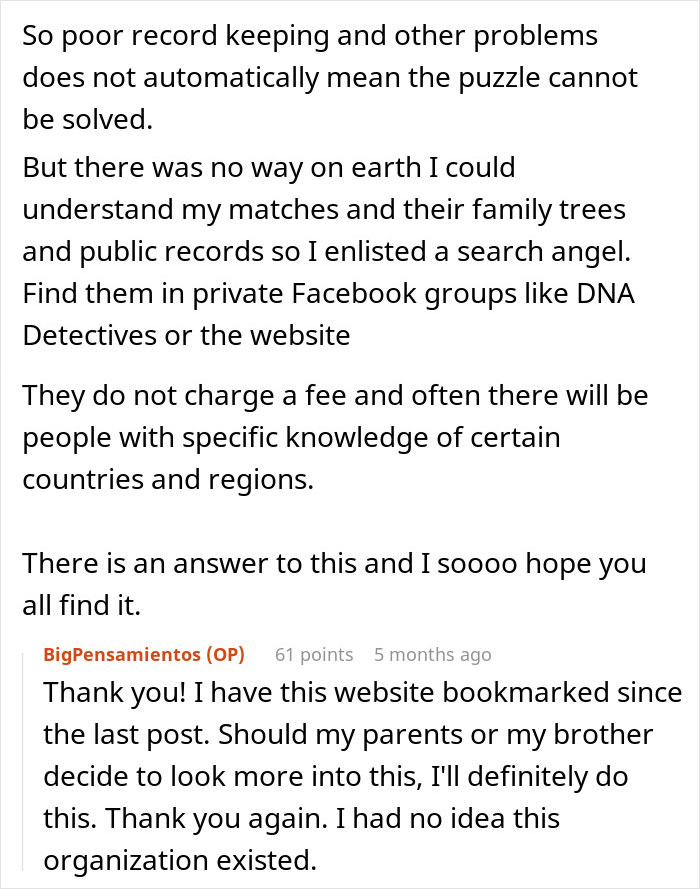 Discussion on family DNA results confusion, mentioning search angels for assistance with ancestry and family trees.