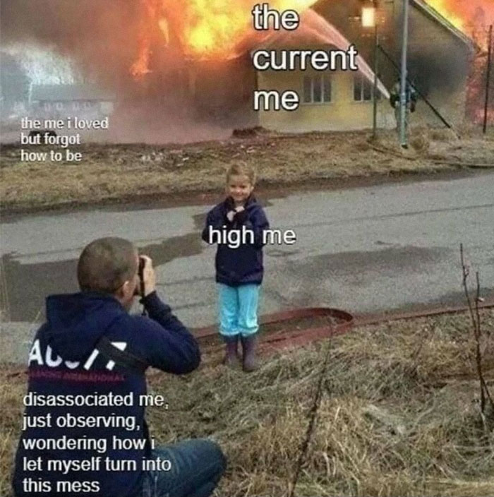 Child posing in front of a burning house, labeled with various philosophical meme text; a humorous take on existence.