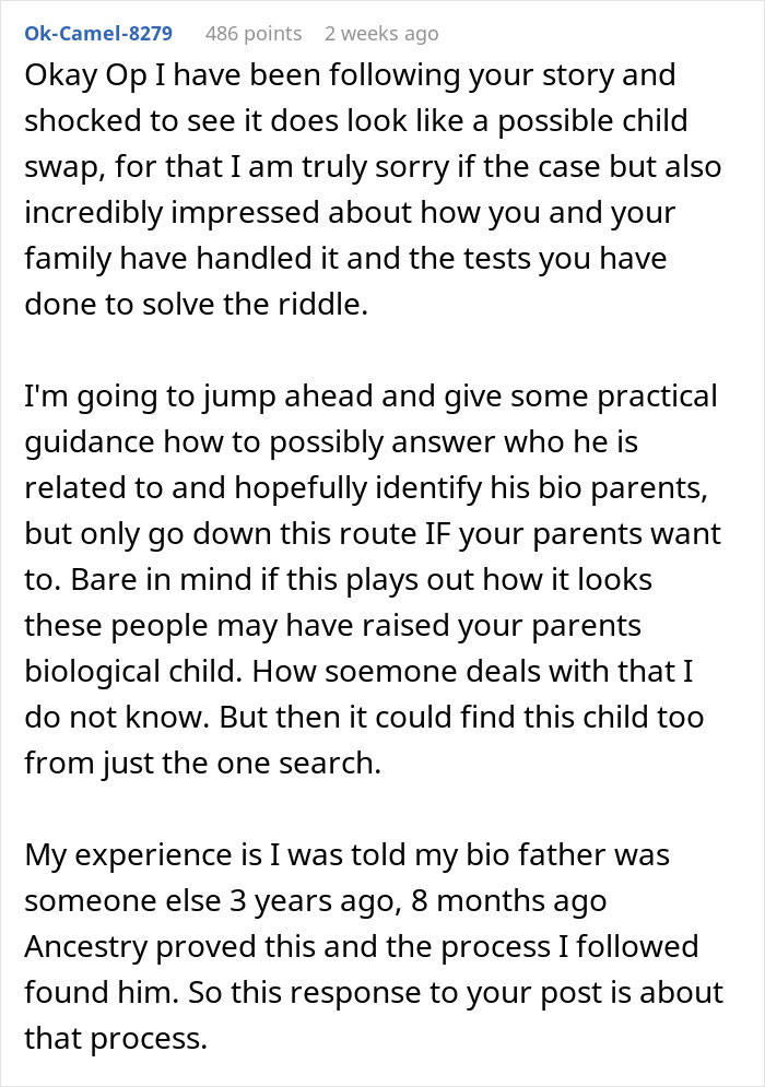 Text message about shocking family DNA results, discussing a possible child swap and ancestry test guidance.