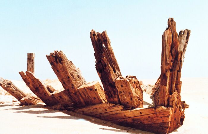 Ocean discovery of a wooden shipwreck on a sandy beach under a clear sky.